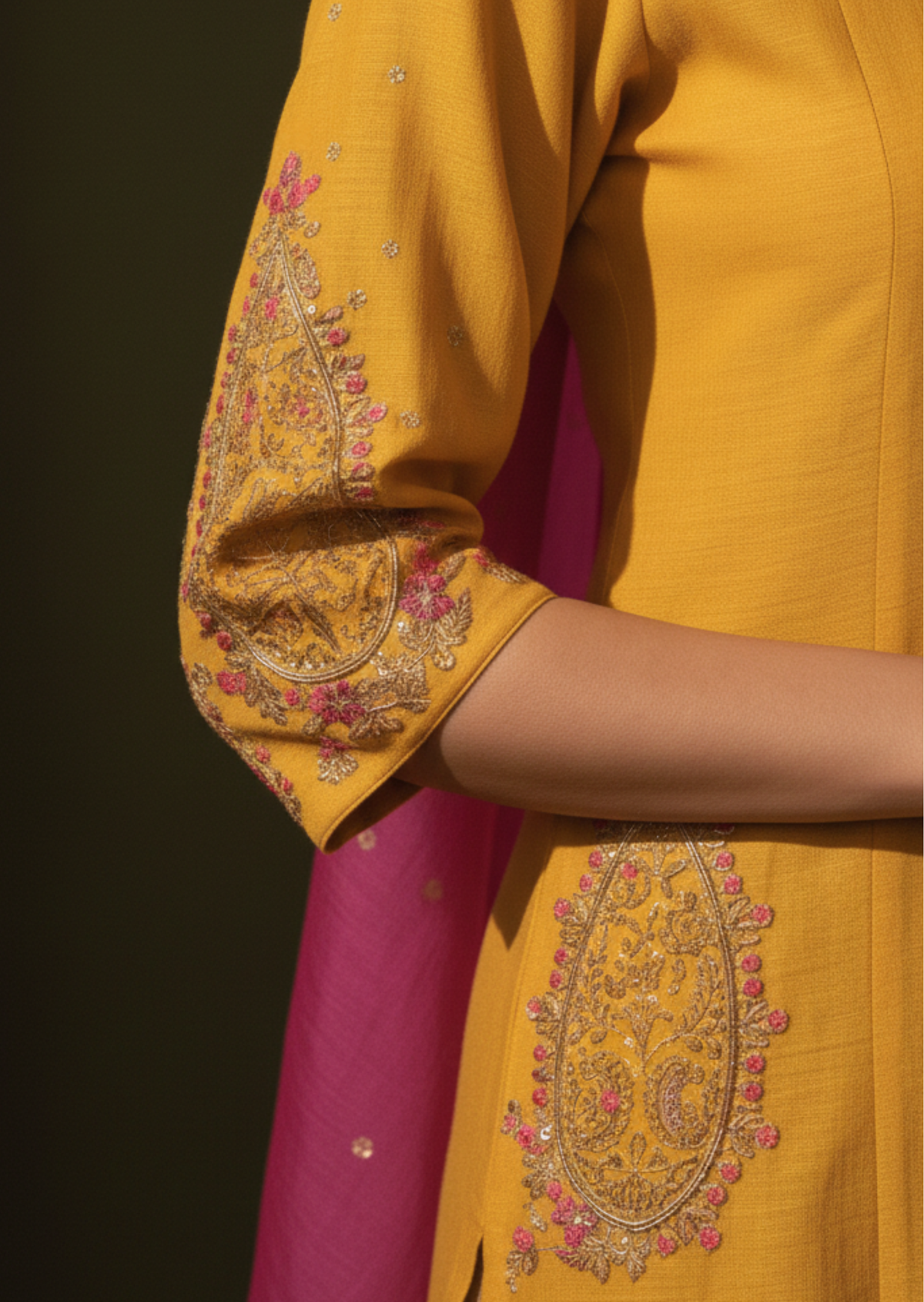 Yellow & Rani Pink Zardozi Flat Silk Straight Cut Suit Set