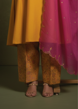 Yellow & Rani Pink Zardozi Flat Silk Straight Cut Suit Set