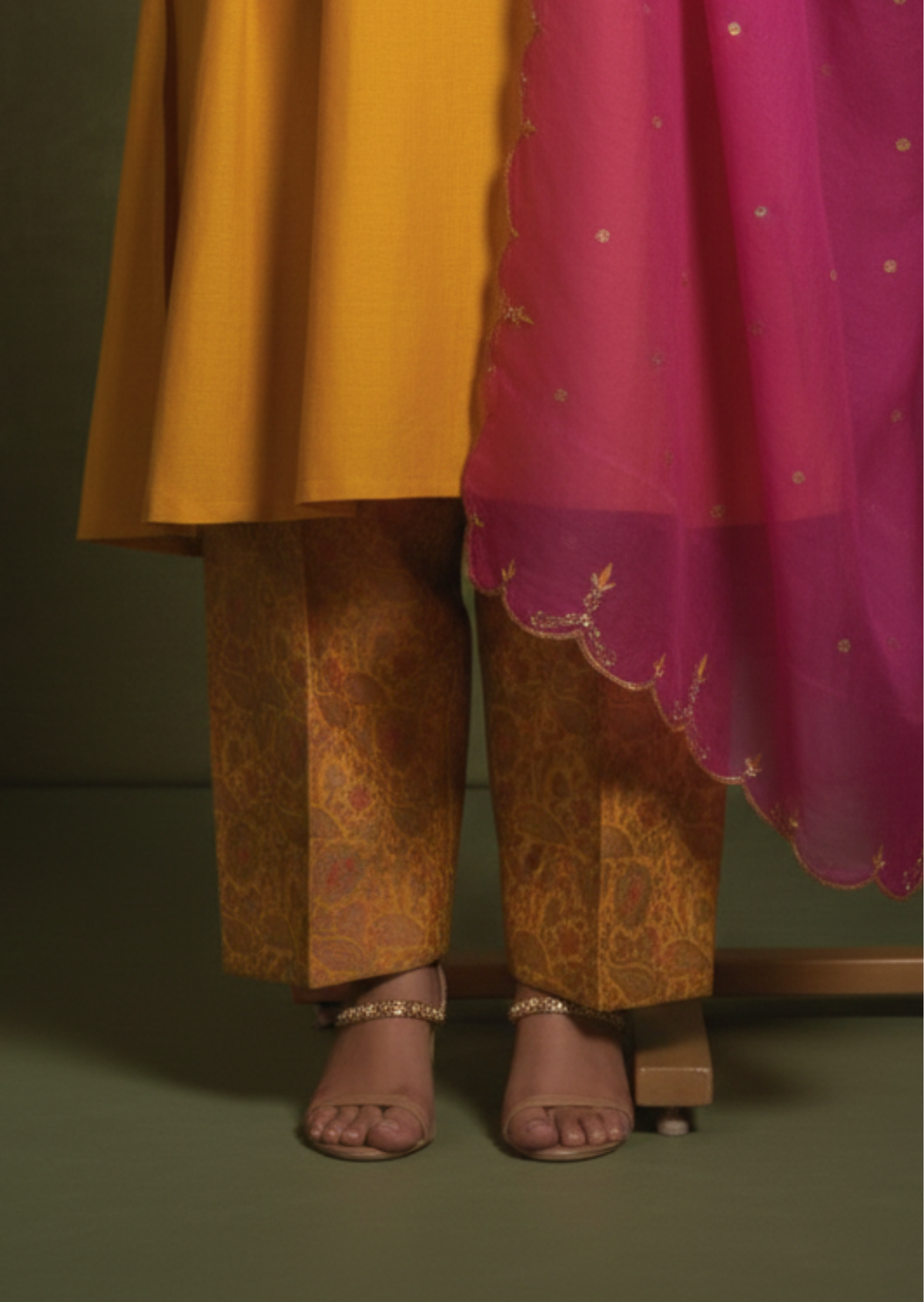 Yellow & Rani Pink Zardozi Flat Silk Straight Cut Suit Set