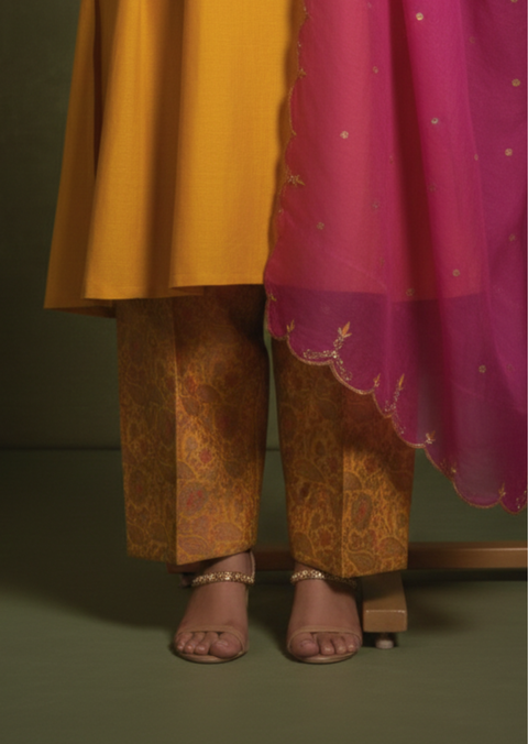 Yellow & Rani Pink Zardozi Flat Silk Straight Cut Suit Set