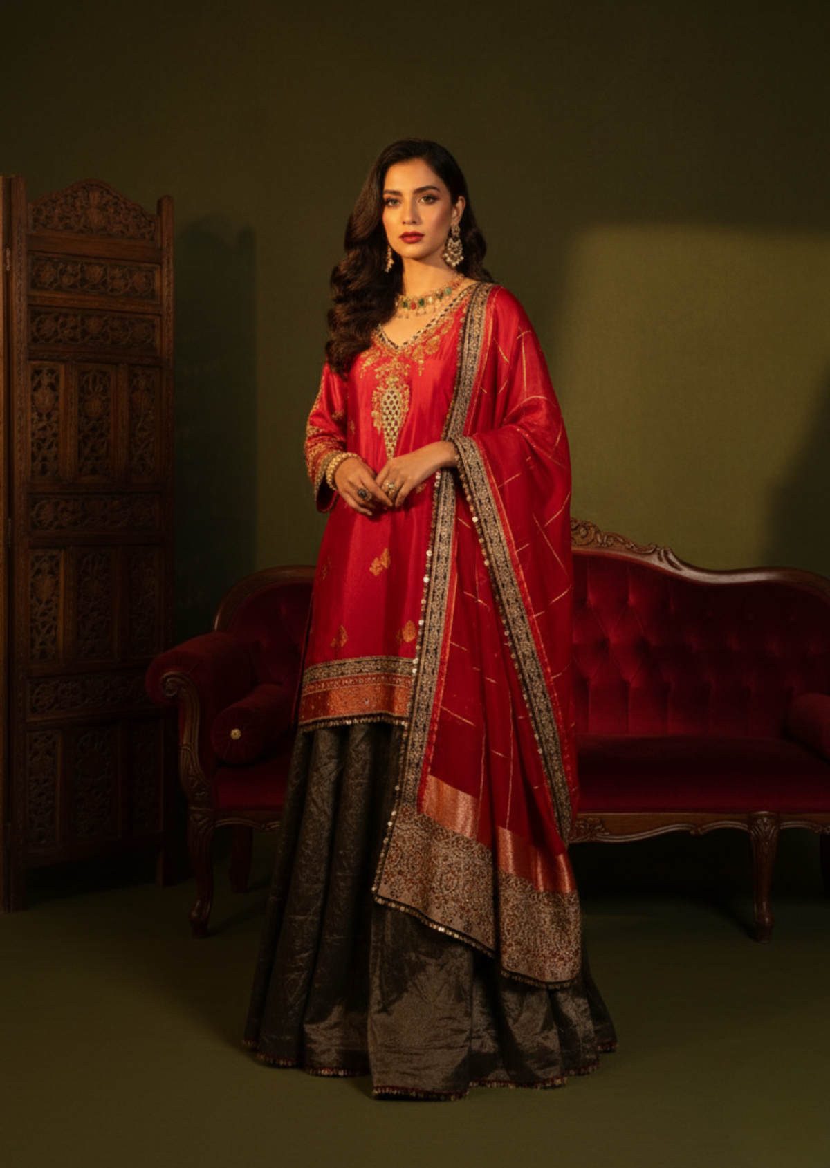 Red & Metallic Black Pitta Work Banarasi Silk Gharara Set