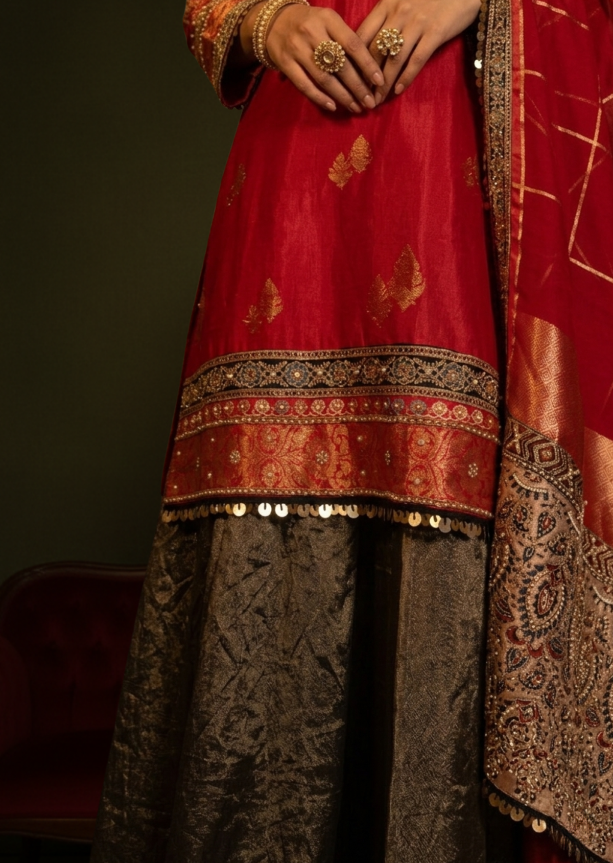 Red & Metallic Black Pitta Work Banarasi Silk Gharara Set