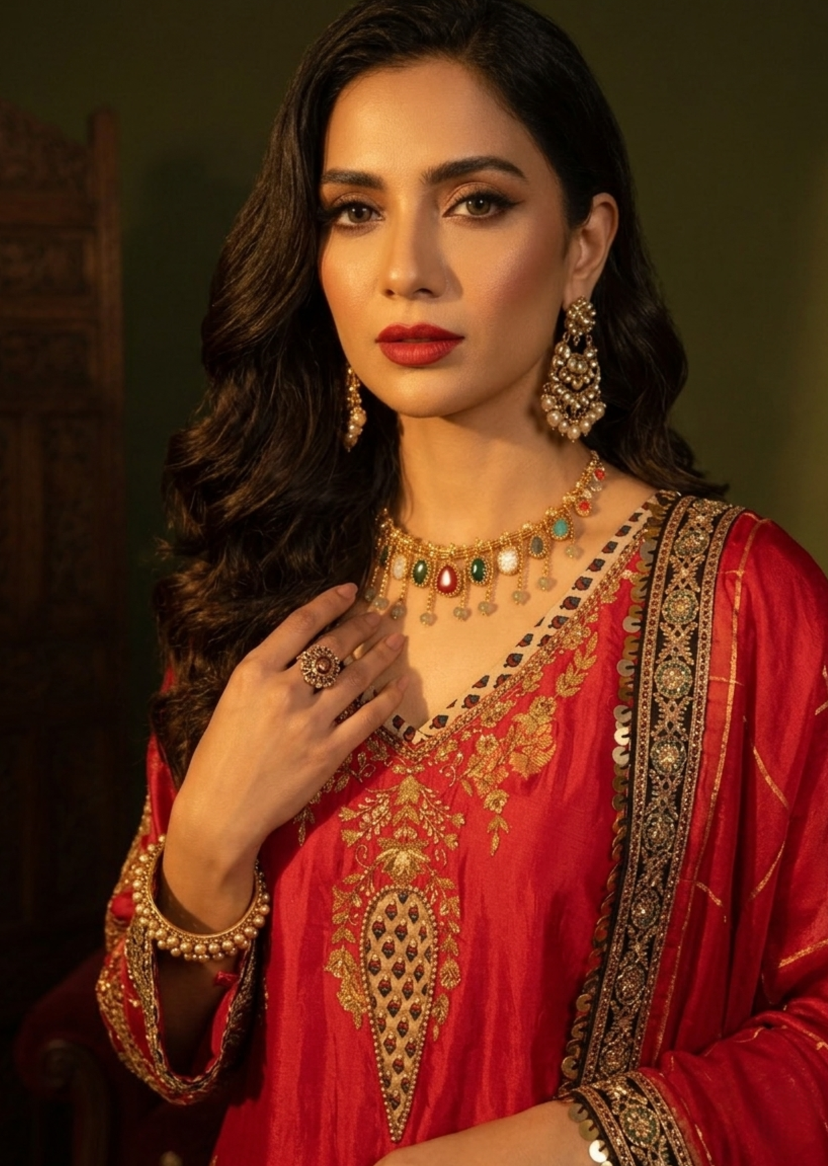Red & Metallic Black Pitta Work Banarasi Silk Gharara Set