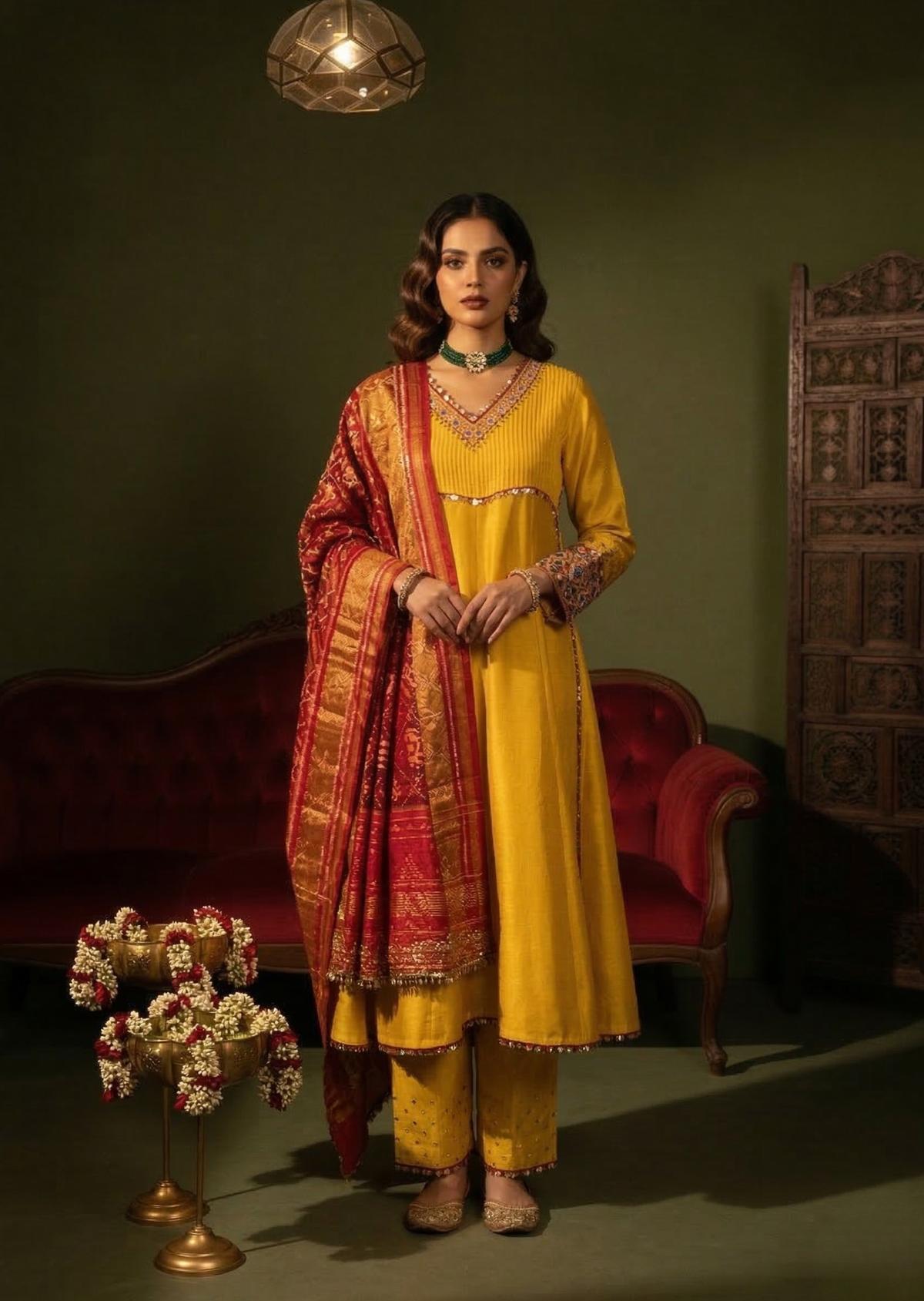 Yellow & Red Kutchi Work Flat Silk Anarkali Set