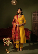 Yellow & Red Kutchi Work Flat Silk Anarkali Set