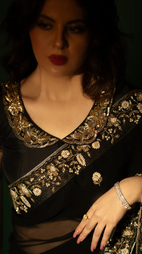 Black Hand Embroidered Saree Organza And Matching Floral Embroidered Blouse -Set of 2