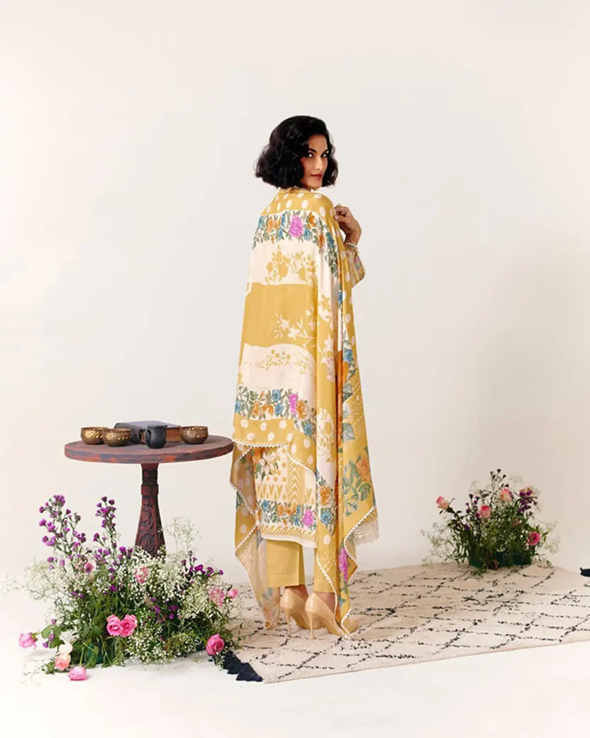 Pure Cotton Lawn Suit With Crochet Detailing (Front, Hem, Sleeves) & Pearl Buttons