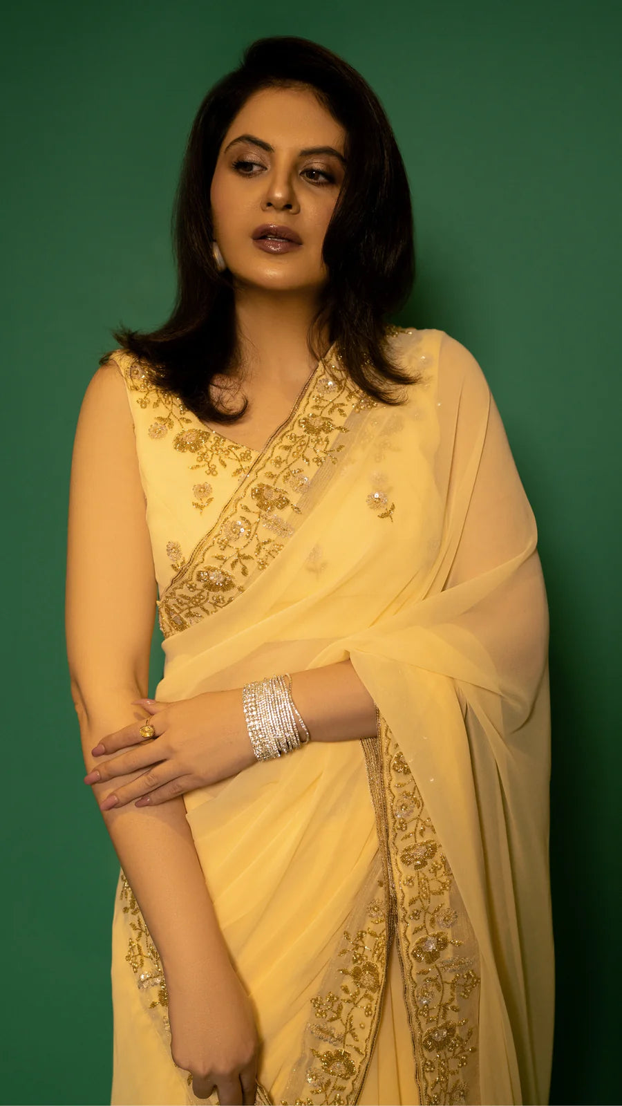 Yellow Hand Embroidered Saree Organza And Matching Floral Embroidered Blouse