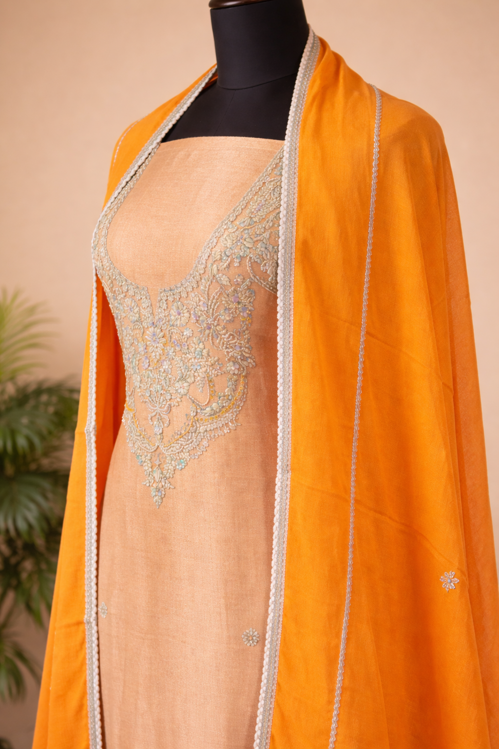 Pure Shimmer Silk Suit With Pure Crepe Bottom And Pure Organza Dupatta