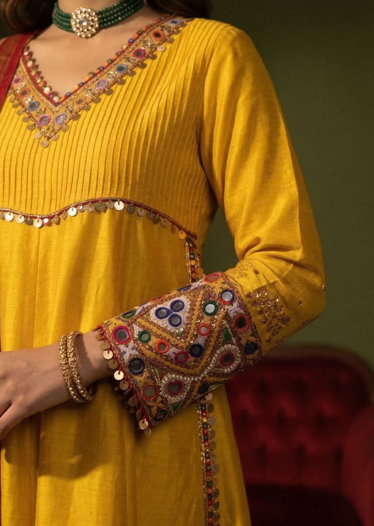 Yellow & Red Kutchi Work Flat Silk Anarkali Set