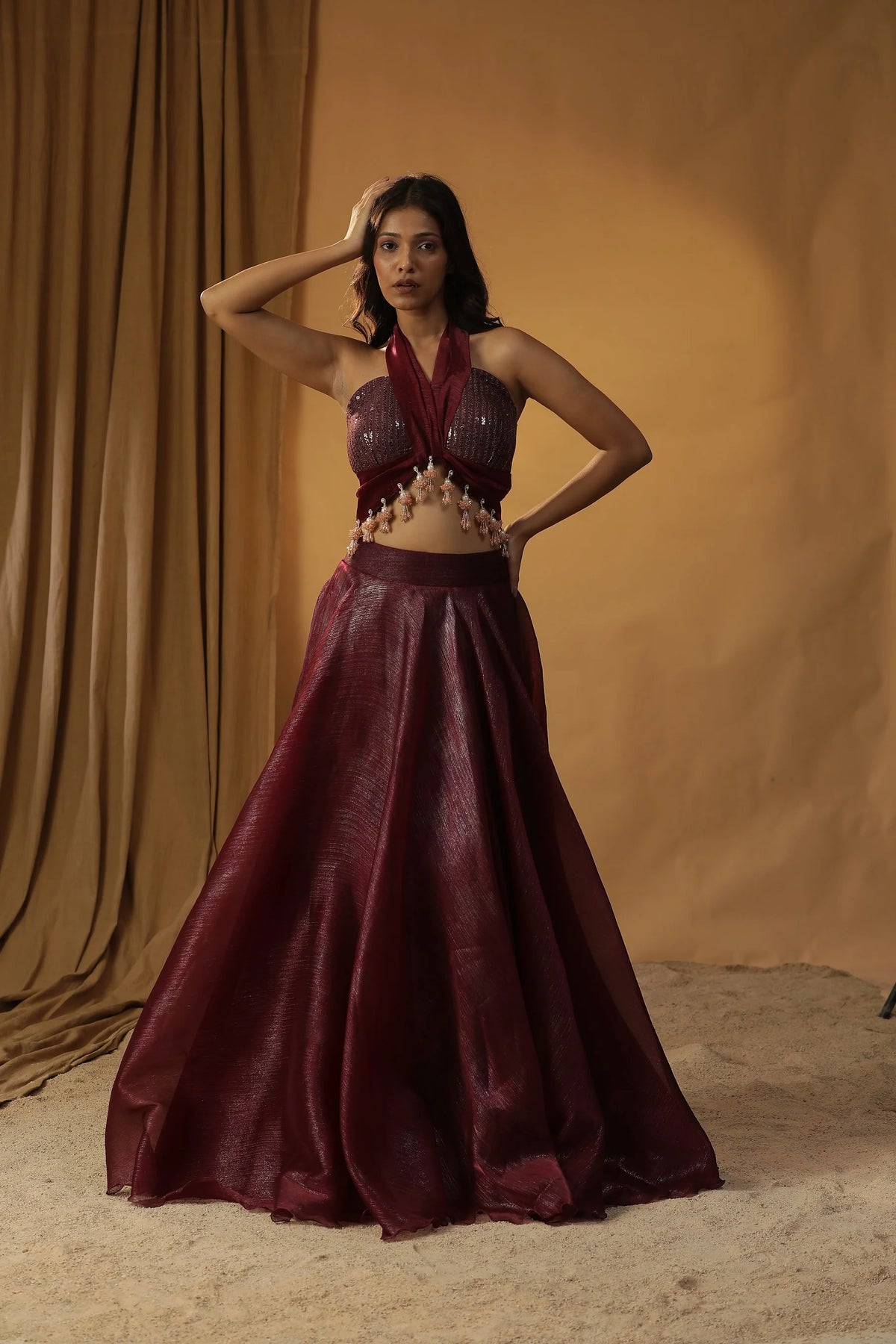 Mehroon Organza Lehenga Set
