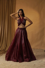 Mehroon Organza Lehenga Set