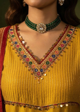 Yellow & Red Kutchi Work Flat Silk Anarkali Set