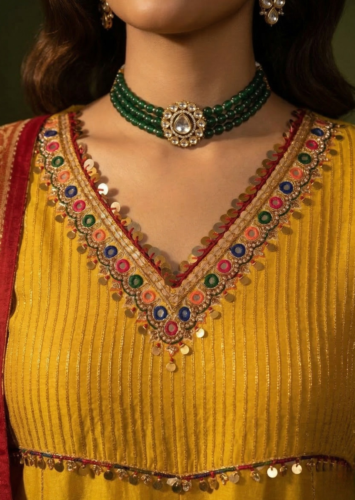 Yellow & Red Kutchi Work Flat Silk Anarkali Set