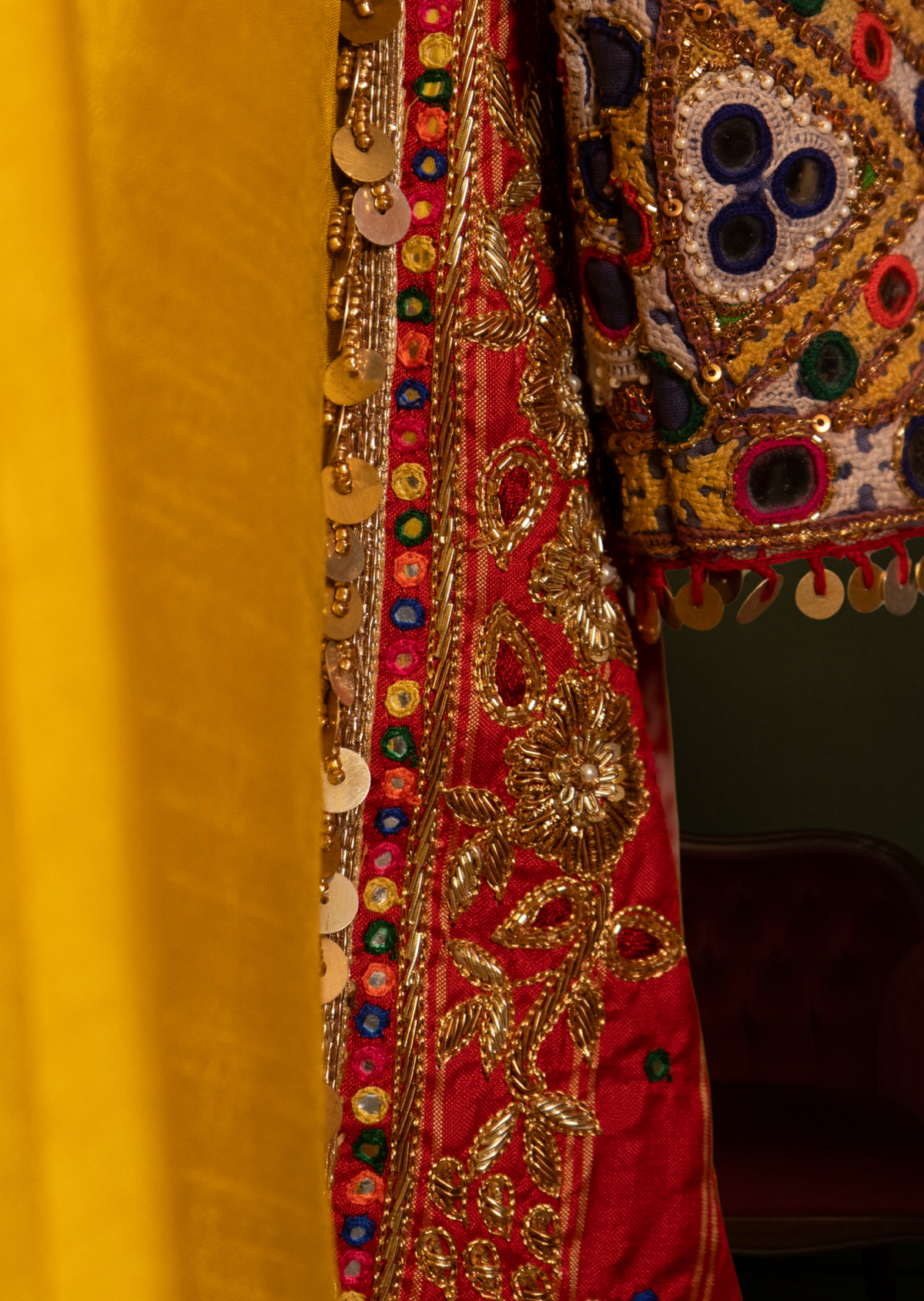 Yellow & Red Kutchi Work Flat Silk Anarkali Set