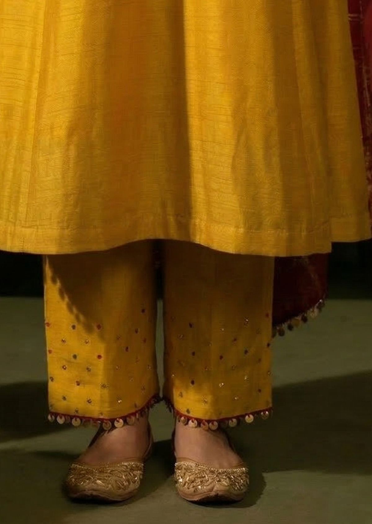 Yellow & Red Kutchi Work Flat Silk Anarkali Set