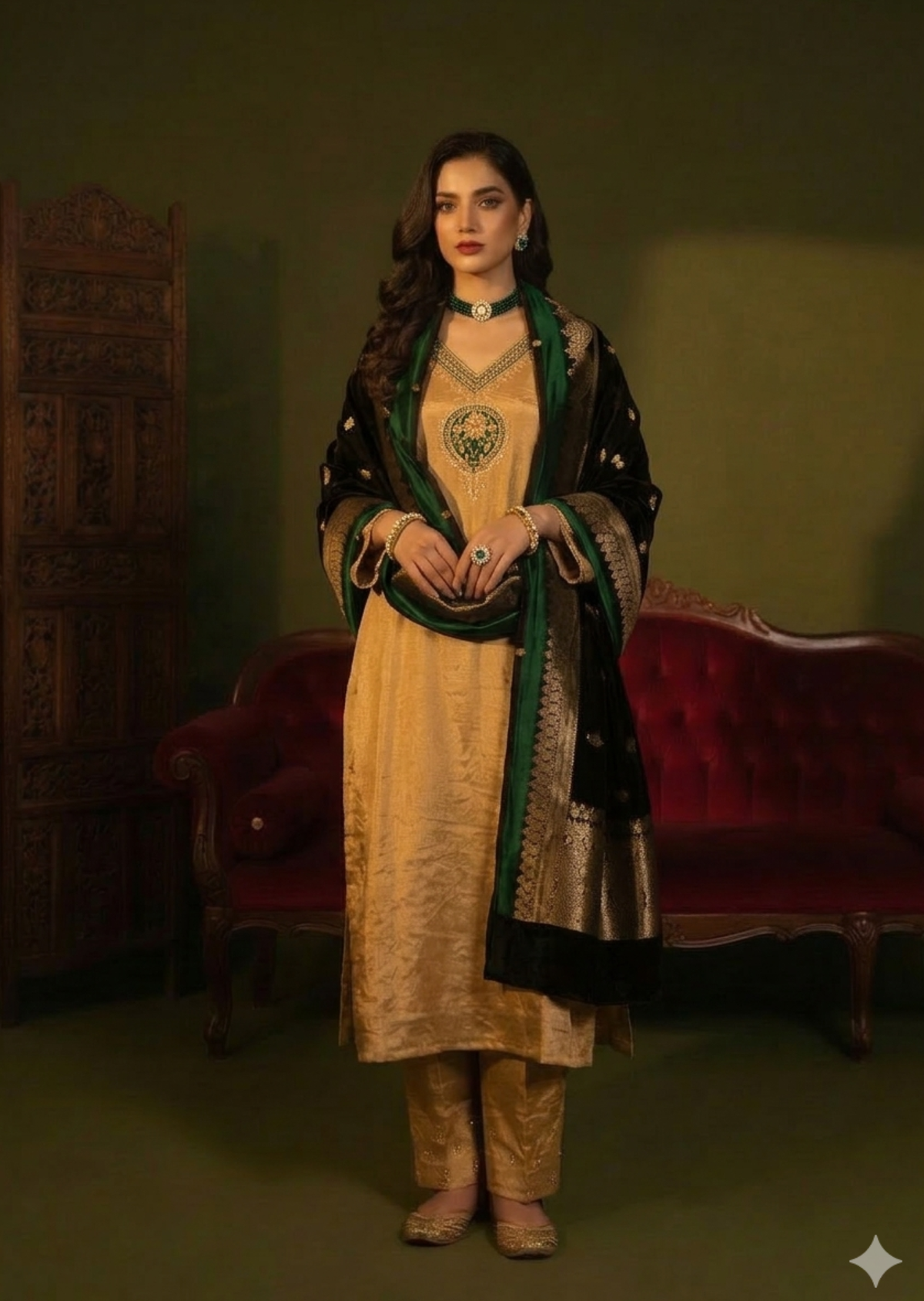 Gold & Bottle Green Zardozi Silk Tissue Anarkali Set