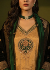 Gold & Bottle Green Zardozi Silk Tissue Anarkali Set