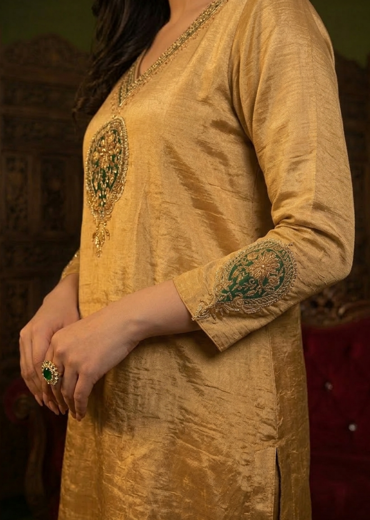 Gold & Bottle Green Zardozi Silk Tissue Anarkali Set