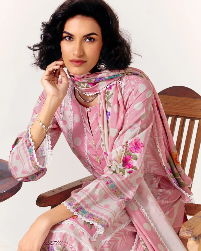 Pure Cotton Lawn Suit With Crochet Detailing (Front, Hem, Sleeves) & Pearl Buttons