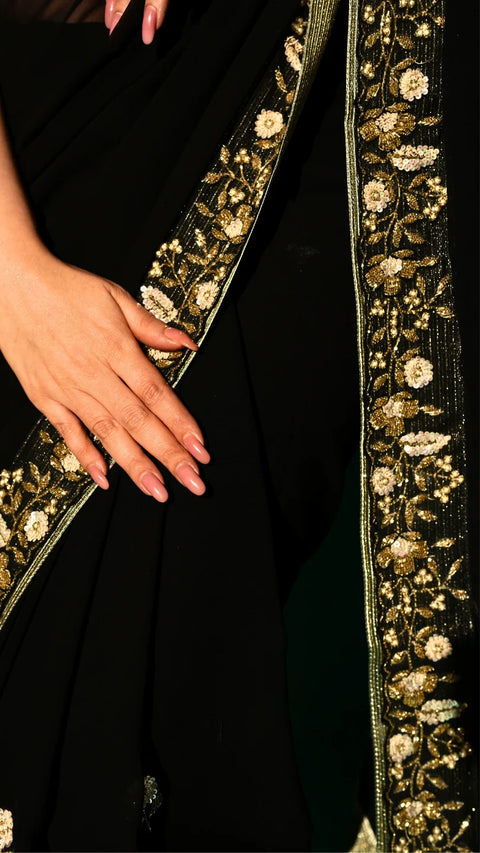 Black Hand Embroidered Saree Organza And Matching Floral Embroidered Blouse -Set of 2