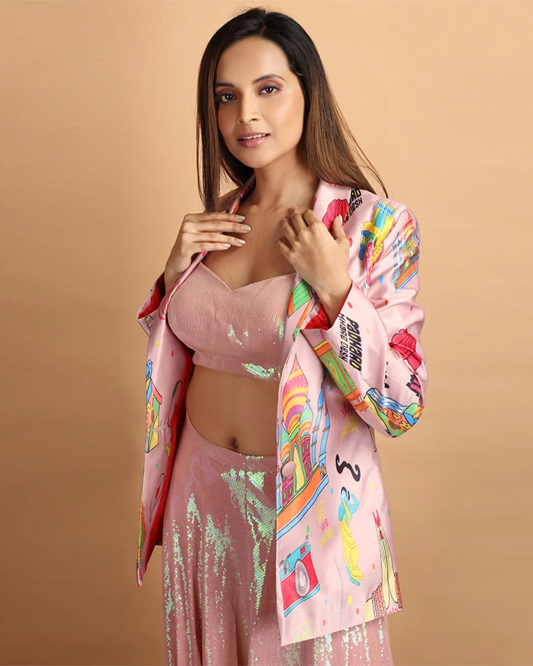 Namaste India Sequin Blouse, Pants & Satin Silk Jacket Set