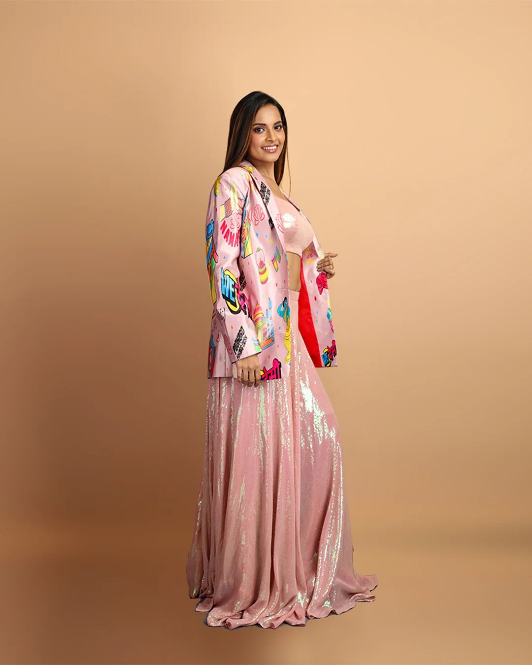 Namaste India Sequin Blouse, Pants & Satin Silk Jacket Set