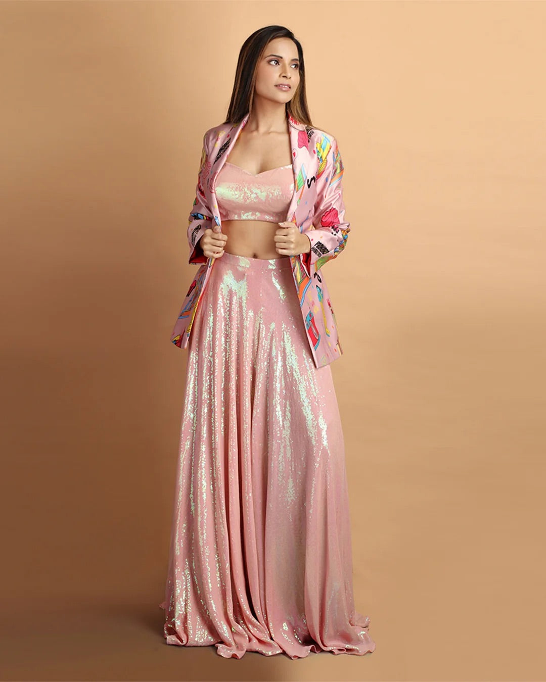 Namaste India Sequin Blouse, Pants & Satin Silk Jacket Set