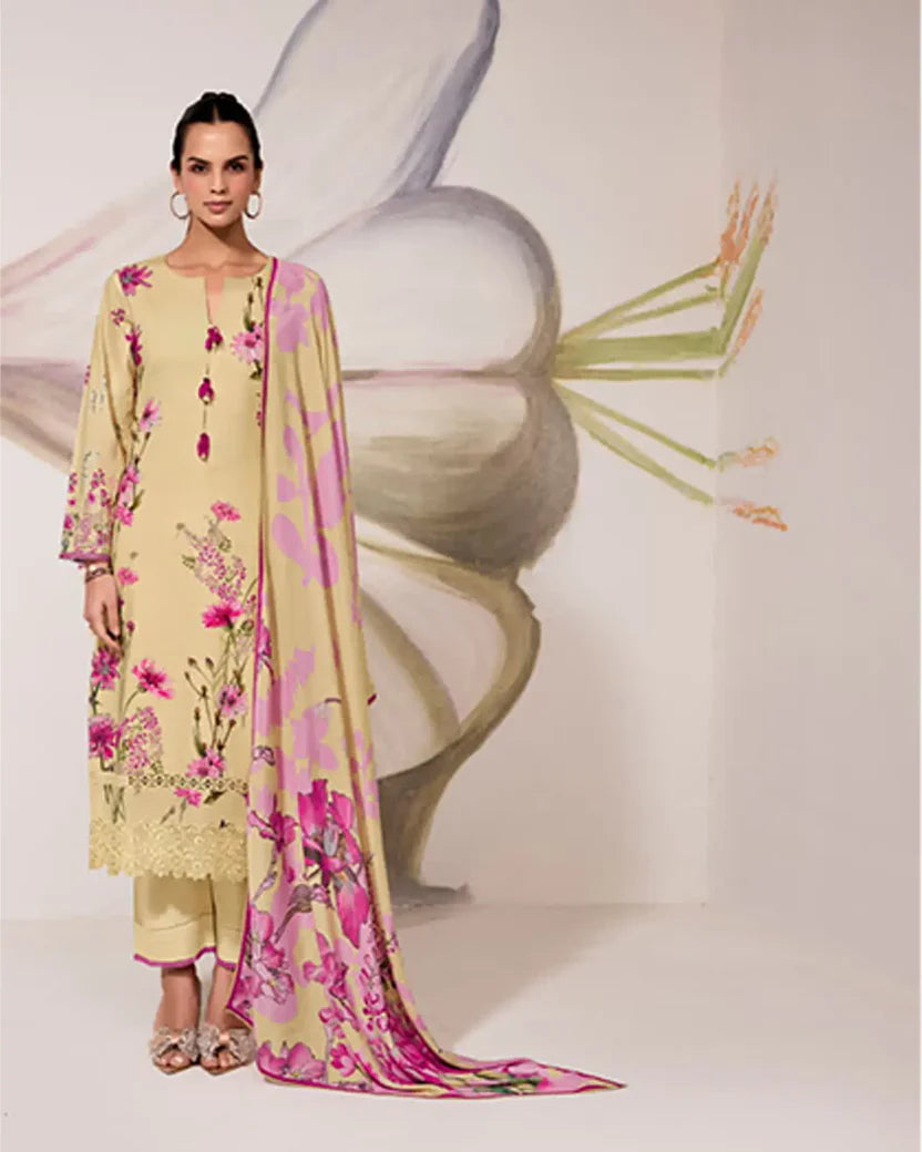 Pure Cotton Lawn Suit With Resham Embroidery Appliqué, Crochet Hemline And Handcrafted Buttons