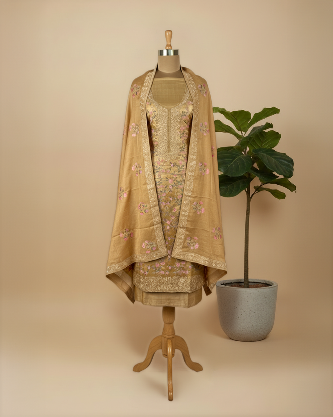 Pure Tussar Silk Suit With All Over Threadwork And Pure Chinnon Dupatta