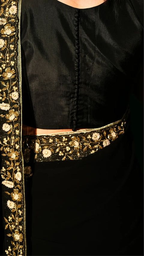Black Hand Embroidered Saree Organza And Matching Floral Embroidered Blouse -Set of 2