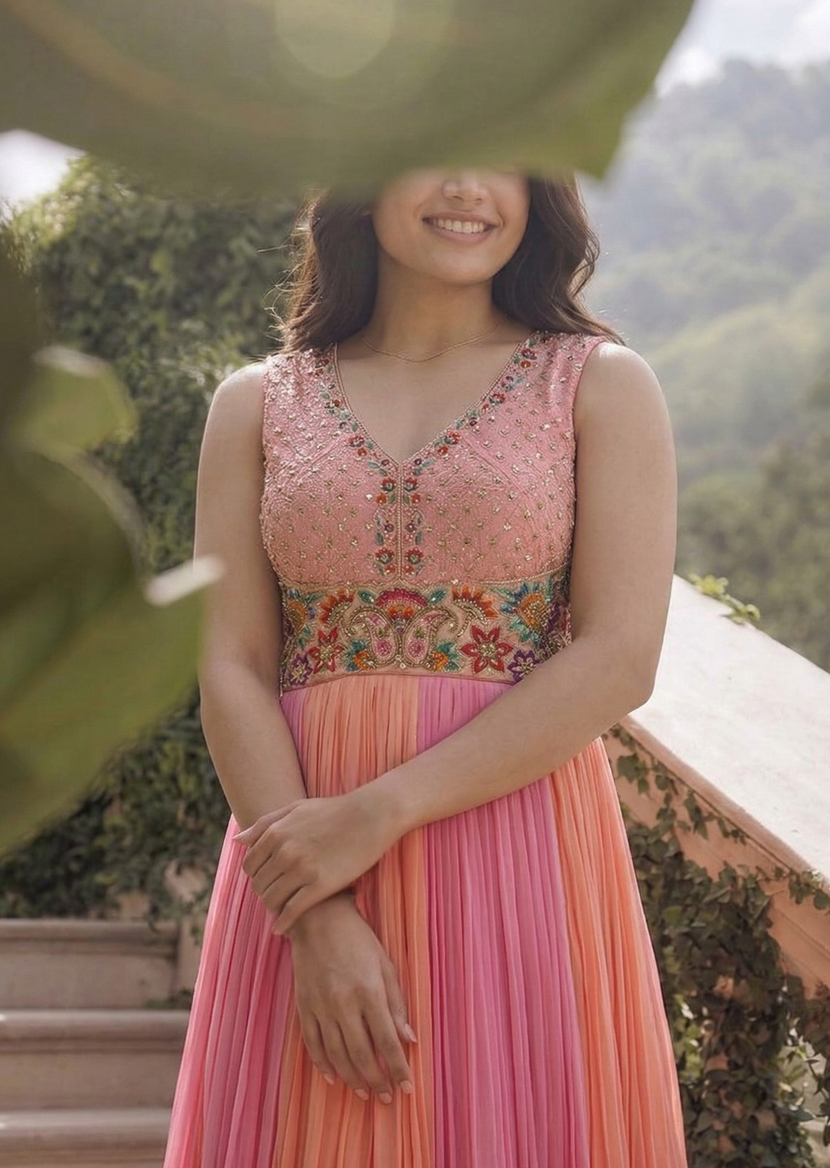 Salmon Pink Resham Work 4D Dupion Silk Gown