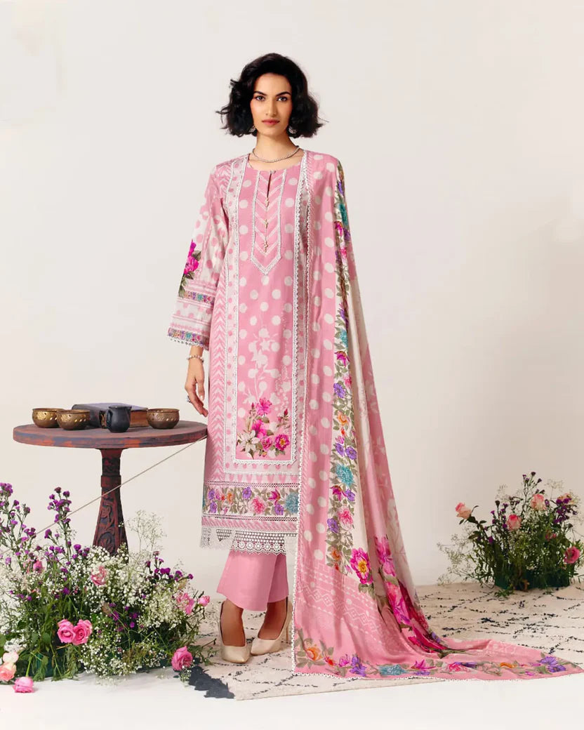 Pure Cotton Lawn Suit With Crochet Detailing (Front, Hem, Sleeves) & Pearl Buttons