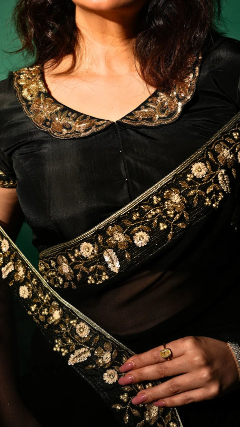 Black Hand Embroidered Saree Organza And Matching Floral Embroidered Blouse -Set of 2