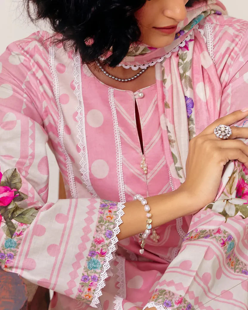Pure Cotton Lawn Suit With Crochet Detailing (Front, Hem, Sleeves) & Pearl Buttons