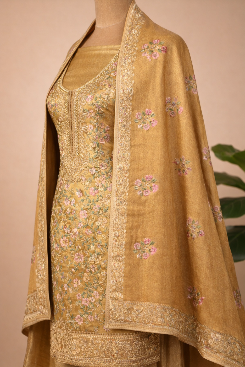 Pure Tussar Silk Suit With All Over Threadwork And Pure Chinnon Dupatta