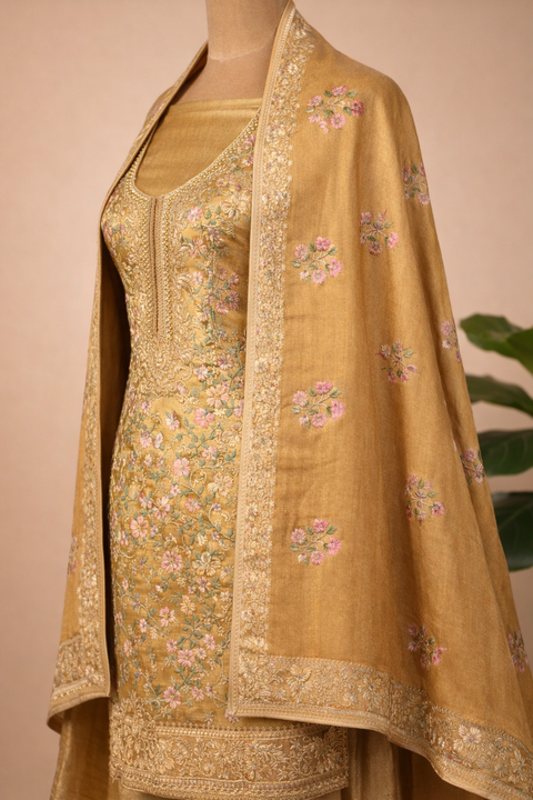 Pure Tussar Silk Suit With All Over Threadwork And Pure Chinnon Dupatta