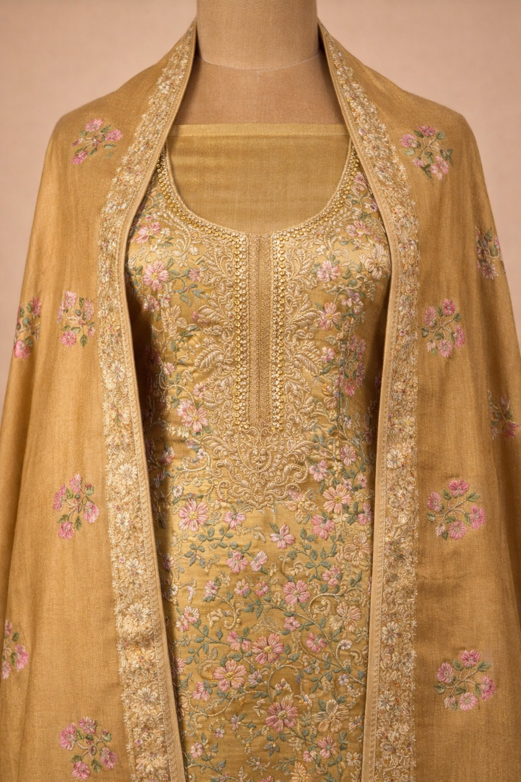 Pure Tussar Silk Suit With All Over Threadwork And Pure Chinnon Dupatta