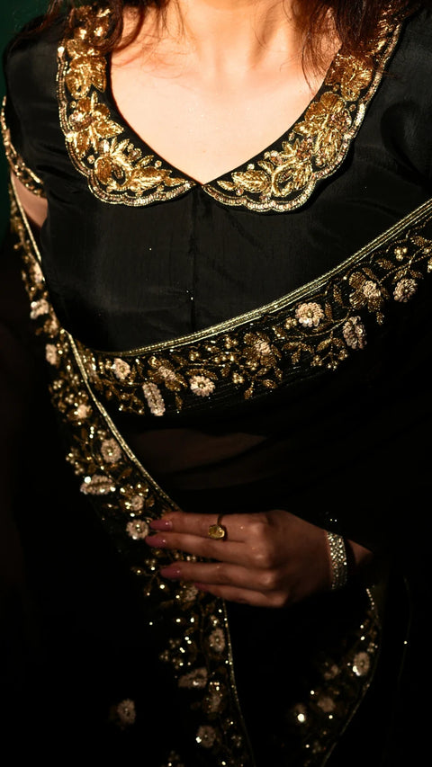 Black Hand Embroidered Saree Organza And Matching Floral Embroidered Blouse -Set of 2