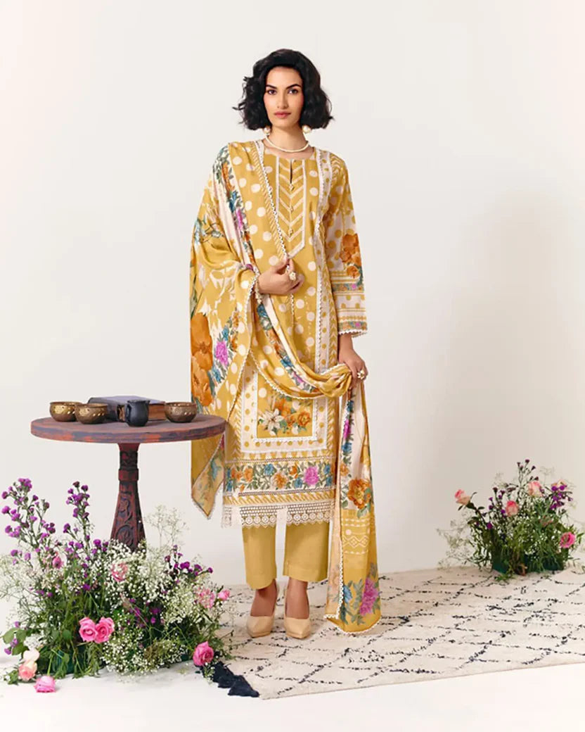 Pure Cotton Lawn Suit With Crochet Detailing (Front, Hem, Sleeves) & Pearl Buttons