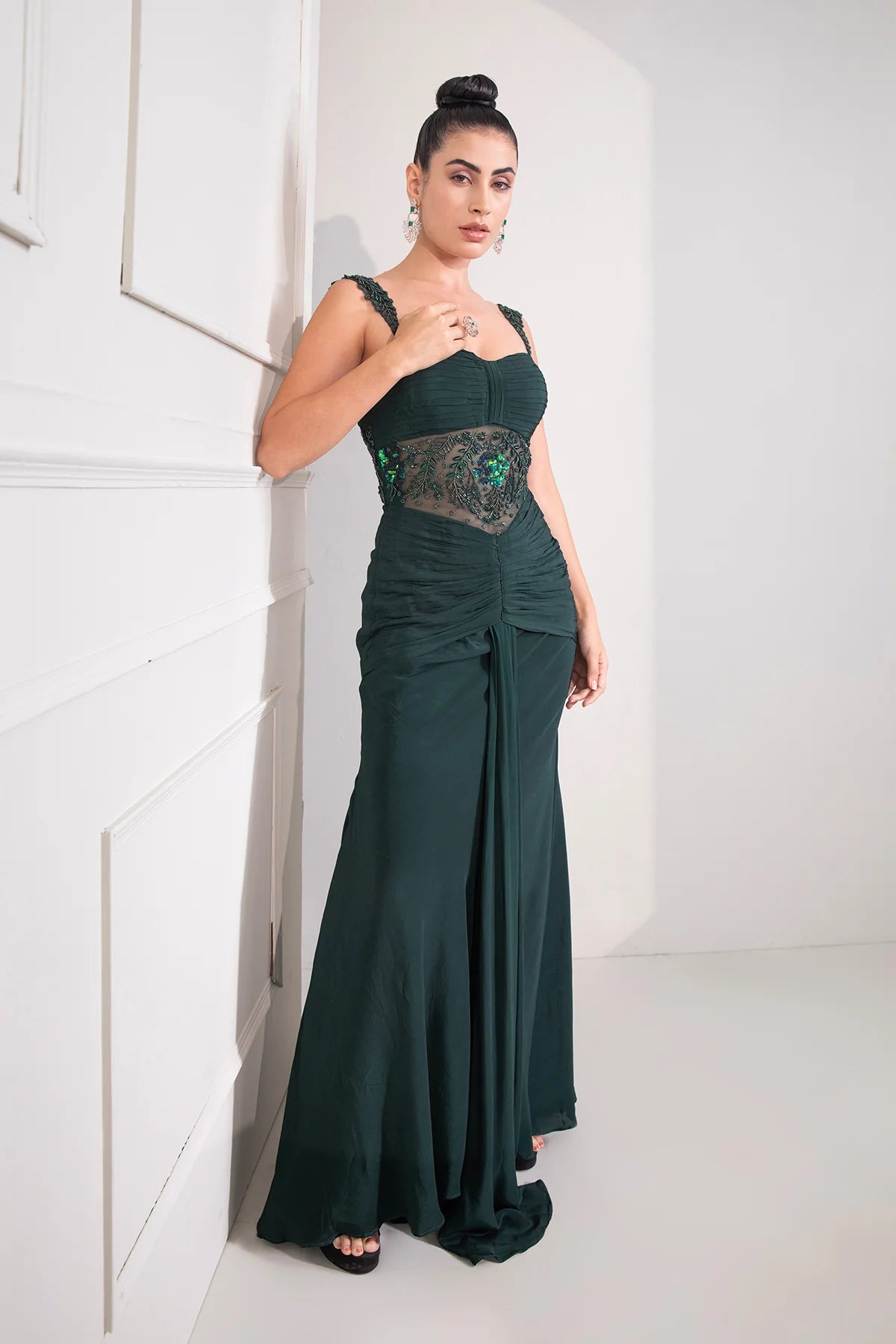 Bottle Green Mermail Draped Gown