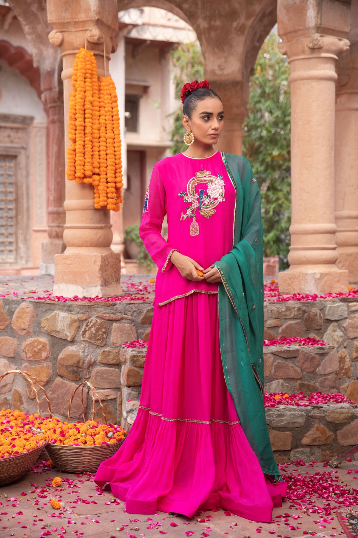 Fuschia Organza Bird Kurti Lehenga