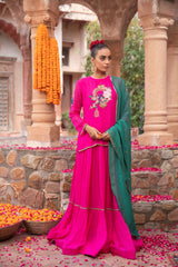 Fuschia Organza Bird Kurti Lehenga