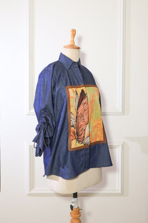 Denim Blue With Pleated Patch Work Shirt