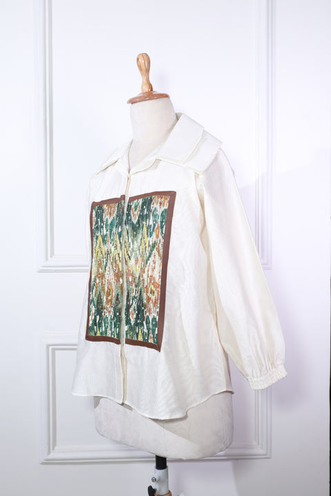 Off White Chanderi With Pleated Patch Work Shirt