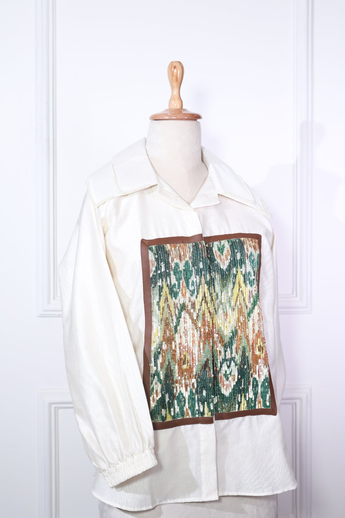 Off White Chanderi With Pleated Patch Work Shirt