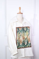 Off White Chanderi With Pleated Patch Work Shirt