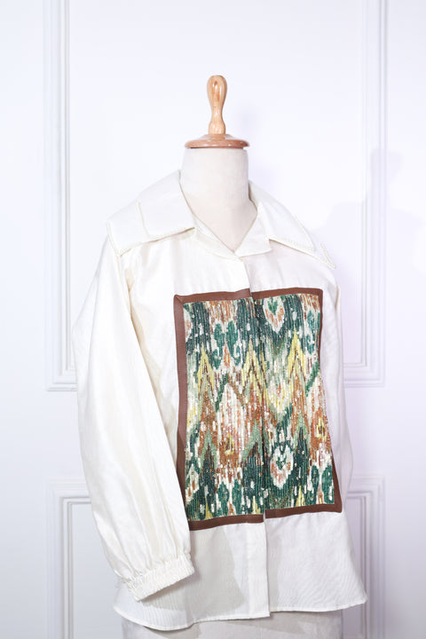 Off White Chanderi With Pleated Patch Work Shirt