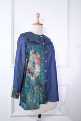 Denim Blue With Green Pleated Shirt