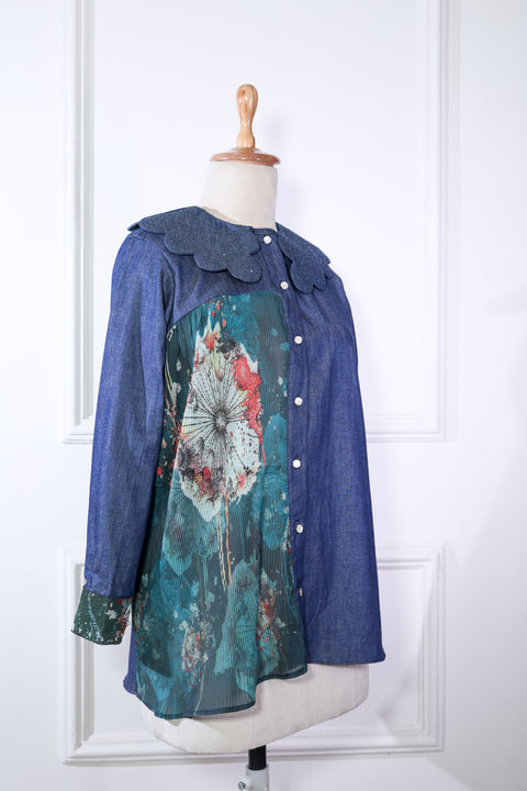 Denim Blue With Green Pleated Shirt